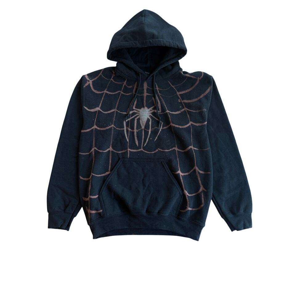 Handmade Bleach Dyed Black Hoodie Spiderman Sweatshirt Unisex